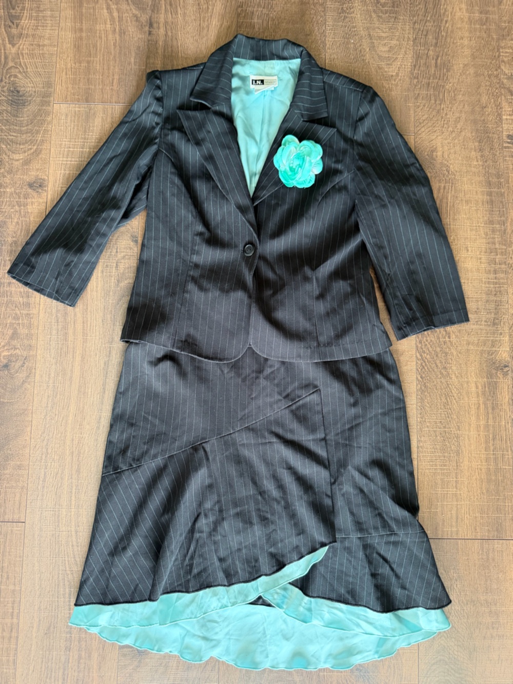 I.N. Studio Black Pinstripe Blazer with Single-Button Closure and Ruffled Skirt